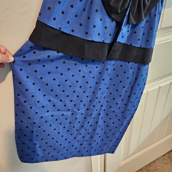 Vintage Peplum Dress Womens Small Blue Polka Dot 80s Glam Rock Retro Pinup Bow - Picture 4 of 14